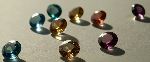 An assortment of vibrant gemstones rests on a smooth surface, showcasing various colors and cuts while catching daylight reflections and creating an artistic arrangement of light