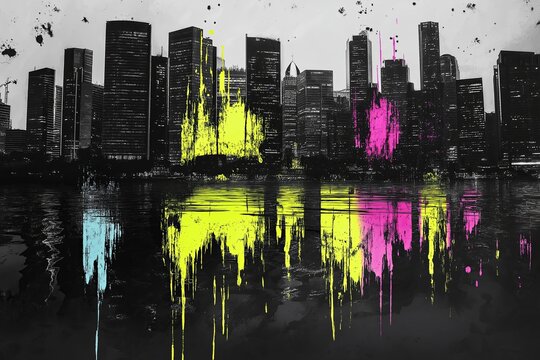Fototapeta A black and white urban skyline with splashes of neon paint