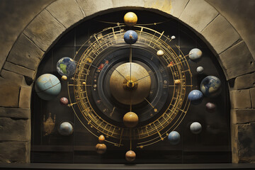 Obraz premium A celestial clock made of planets and cosmic rings.