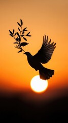 Peace dove with olive branch silhouetted against sunrise