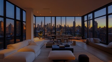 Modern Apartment with Stunning Cityscape View at Dusk