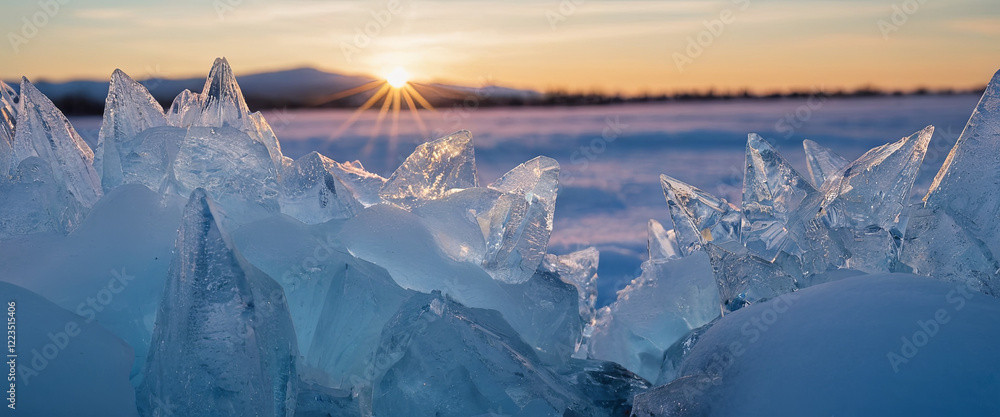 Poster shards of ice catch the warm glow of the setting sun over a vast snowy expanse, creating a stunning 