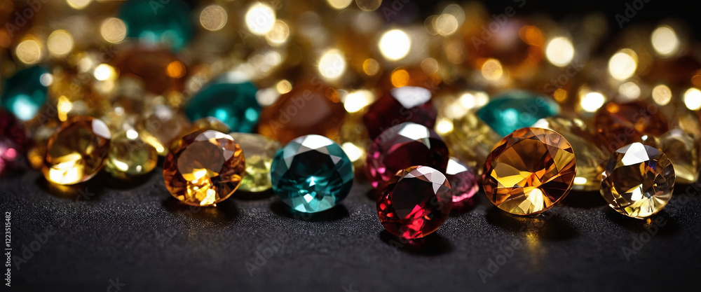 Poster a vibrant assortment of various gemstones sparkles under ambient lighting, showcasing multiple color