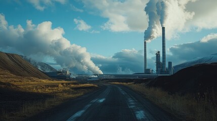 Industrial Plant Landscape With Smoke Stacks and Road