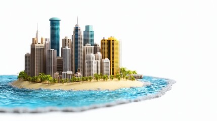 Vibrant City Rising from Tropical Island Paradise: A Digital Cityscape Surrounded by Ocean Waves
