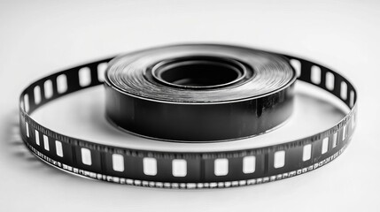 Film reel and strip on white surface