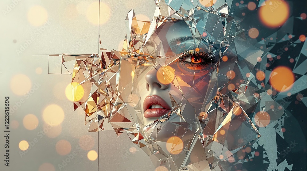 Poster surreal portrait of fragmented face with geometric glass shards and bokeh lights