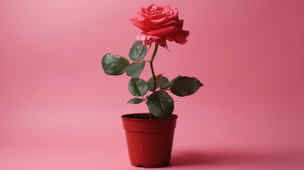Obraz premium A bright rose in a small brown pot, depicted on a pink background, symbolizes beauty and growth.
