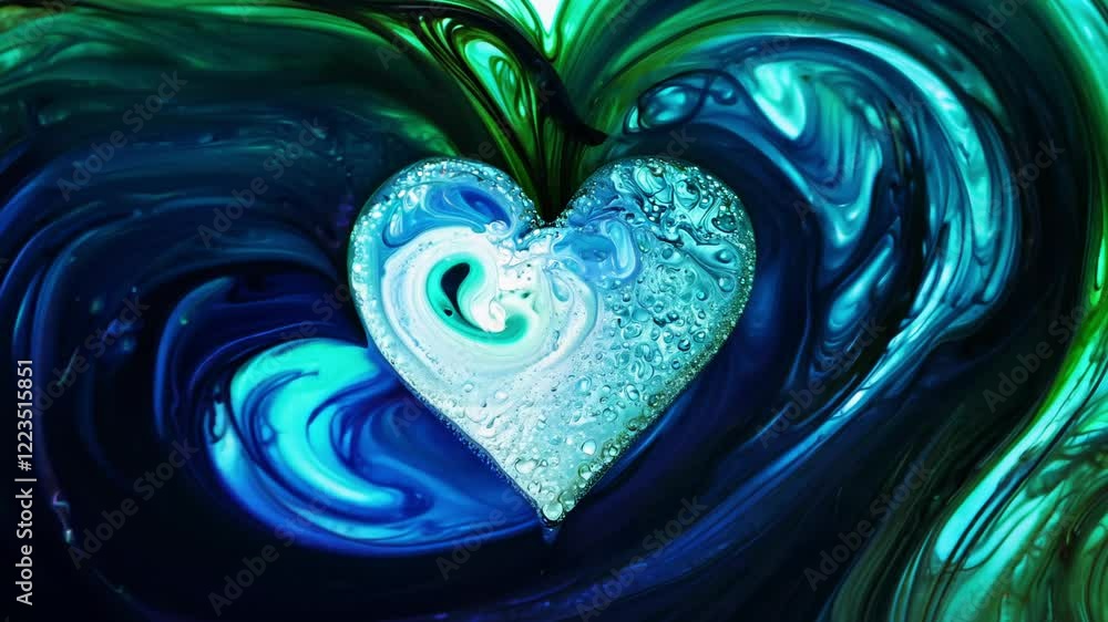 Poster dolly in video of a sparkling heart materializing from ink dissolving in water, with swirls of deep 