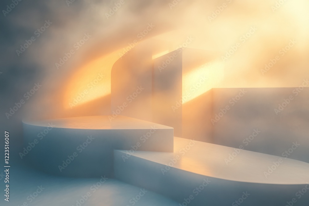 Poster soft light filters through fog over abstract geometric shapes in a serene environment