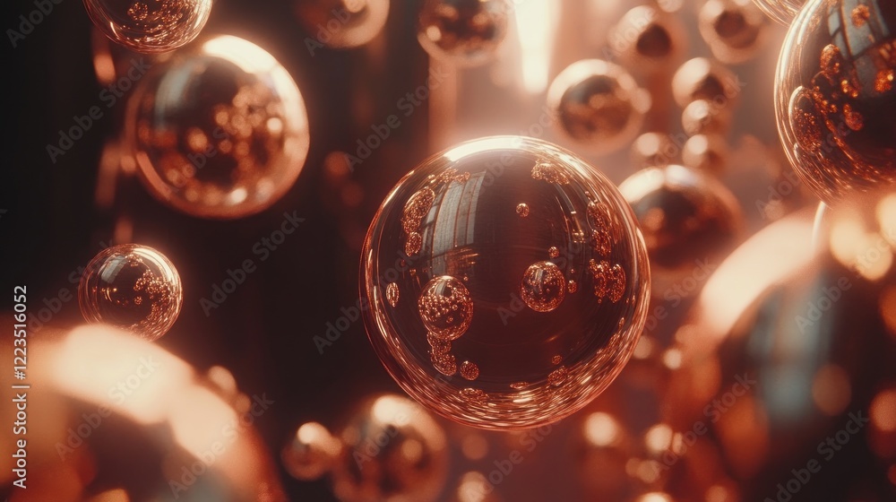 Poster abstract image of glowing copper spheres in motion