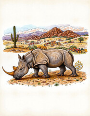 Fototapeta premium Rhino grazing in desert landscape with mountains and houses