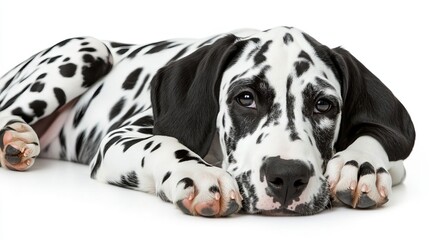 Dalmatian puppy resting on white background