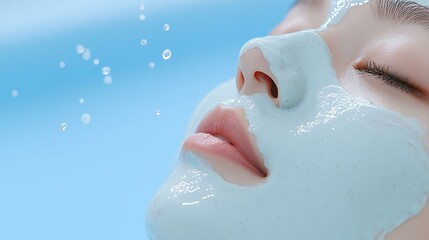 Refreshing skincare moment: close-up of relaxed face with hydrating facial mask and water droplets