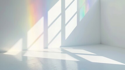A bright background showcasing a soft prism rainbow light effect, dispersion alongside faint window frame shadows