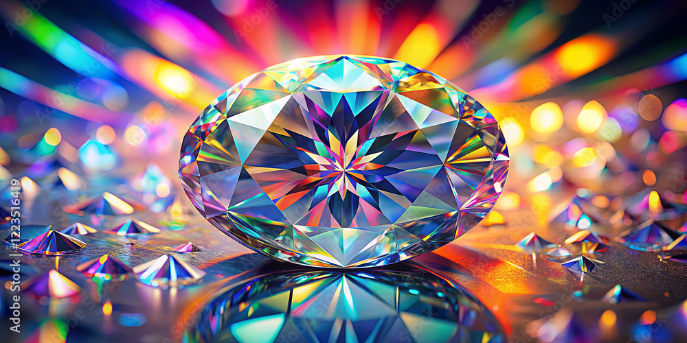 Poster a brilliantly cut diamond sits amid small gem-like stones, reflecting and refracting colorful light 