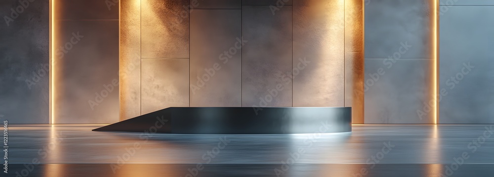 Poster a podium with a sharp, angular design, positioned in front of a sleek, metallic surface with soft am