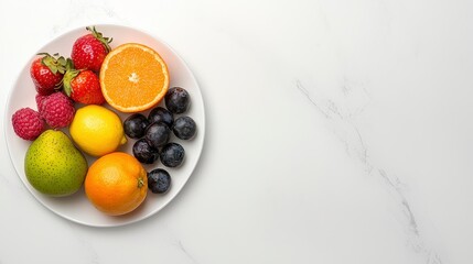 Vibrant Colorful Fresh Fruits on White Plate with Copy Space