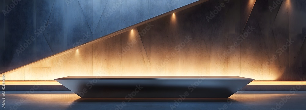 Aufkleber a podium with a sharp, angular design, positioned in front of a sleek, metallic surface with soft am