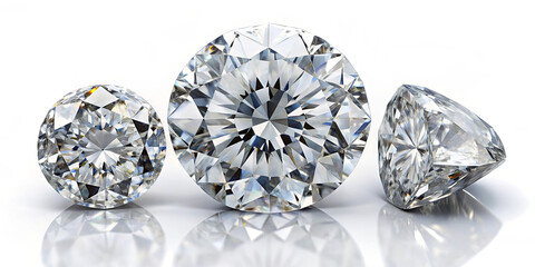 Three beautiful diamonds of different sizes display exceptional brilliance and clarity against a smooth, reflective surface. The sparkling gems catch the light perfectly
