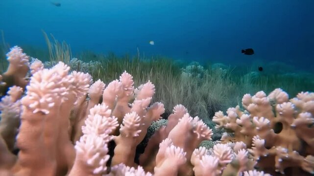 Bleached fire corals and Porites corals in clear ocean waters.