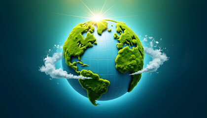 Naklejka premium Green Earth with clouds and sunlight