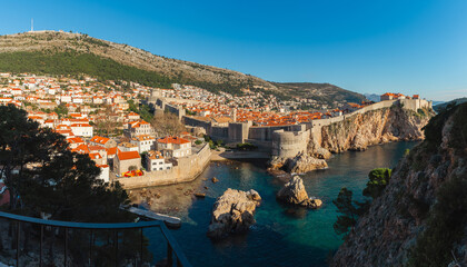 Fort Lovrienac from the upper wall of the city of Dubrovnik in Croatia. View of the Fort Lovrienac fortress, above the Western Harbor. Panorama-2