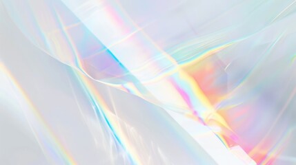 A white background with vibrant rainbow light streaks created by a prism effect. A dreamy, fluorescent ethereal look and holographic glow