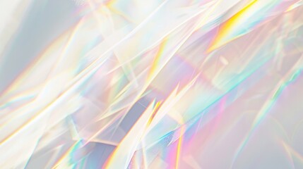 A white background with vibrant rainbow light streaks created by a prism effect. A dreamy, fluorescent ethereal look and holographic glow