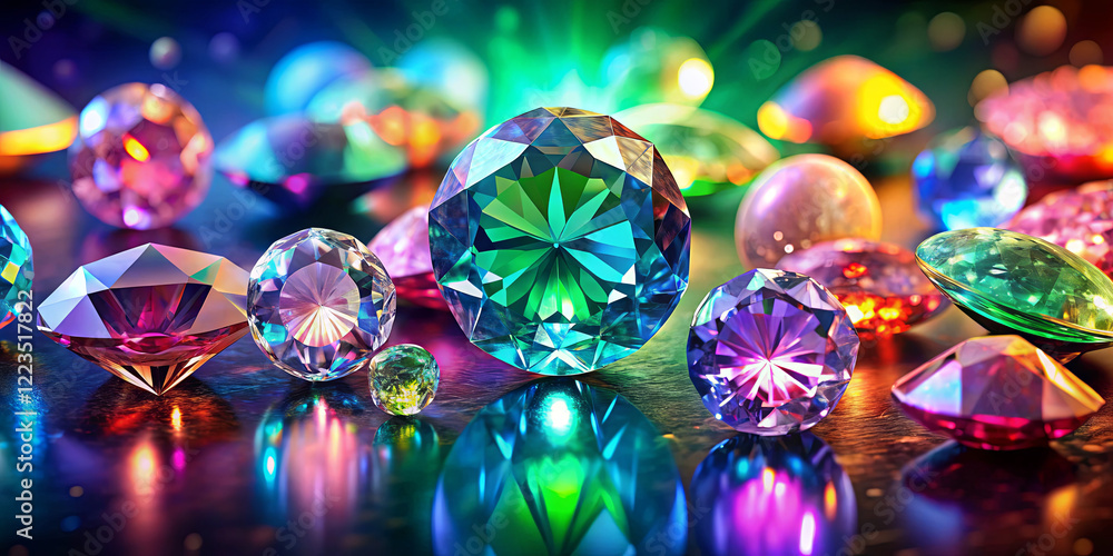 Poster vividly colored gemstones are scattered across a dark surface, reflecting light in various hues and 