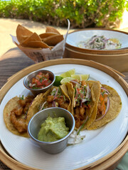 Fish tacos served with guacamole, salsa, lime wedges, and crispy chips, showcasing fresh flavors and vibrant dining, concept of cuisine, lifestyle
