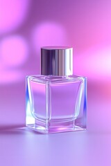 Elegant perfume bottle on gradient pink and purple background with soft lighting