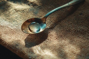 Obraz premium Antique Spoon Holds Single Drop Liquid On Burlap