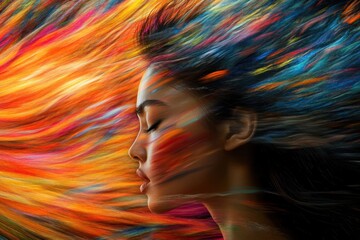Creative portrait of a woman with vibrant flowing colors in motion around her