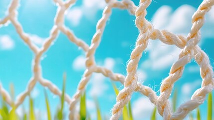 Close-up of soccer net, sunny day, grass background, sports imagery