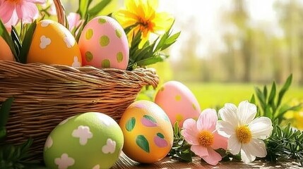 Fototapeta premium Artistic Easter nest filled with hand-painted eggs in vibrant hues, surrounded by delicate spring blossoms on a rustic wooden background