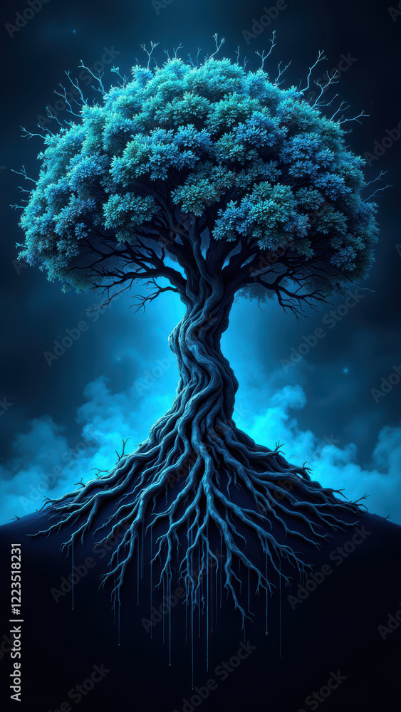 Poster futuristic tree with a high-tech interface growing from its roots.