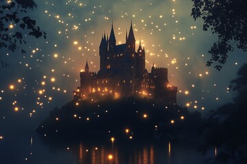 A floating castle in the sky surrounded by glowing fireflies at dusk