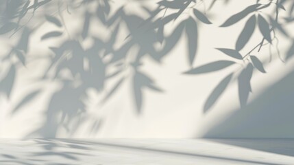 Obraz premium Delicate shadow effect of leaves and branches, blurred on a plain white background. Abstract nature-inspired design with space for text