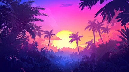 Fototapeta premium Vibrant Sunset Over Lush Tropical Paradise Palm Trees