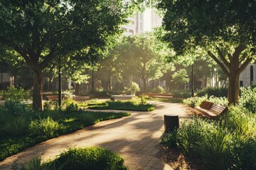 Fototapeta premium Serene park pathway surrounded by trees and greenery