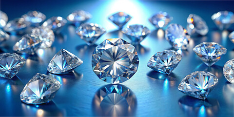 A collection of brilliant diamonds rests on a smooth blue surface, capturing and reflecting light to create an enchanting visual effect. Each gem exudes elegance and luxury