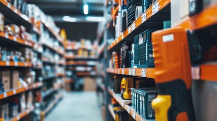 Orange shelves stocked with various tools and supplies in a warehouse