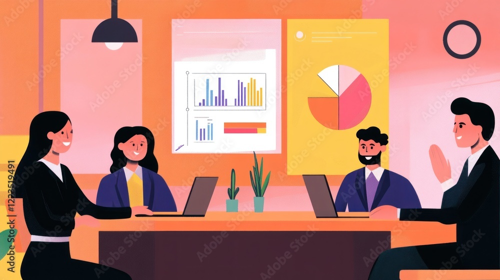 Poster business team meeting analyzing data charts graphs