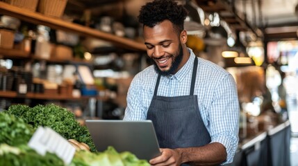 Fototapeta premium Happy Grocer Using Laptop Among Fresh Produce