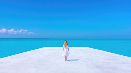 Obraz premium Woman in white dress walks toward turquoise ocean