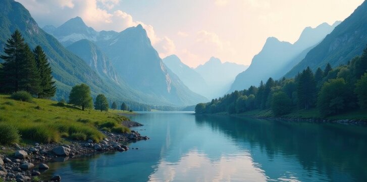 Serene scene of a mountain river with softly colored peaks, calm atmosphere, serne scene, peaceful