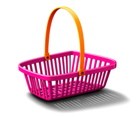 A vibrant and cheerful 3D shopping basket icon with cartoonish proportions, soft shadows, and a glossy finish, on a transparent backdrop