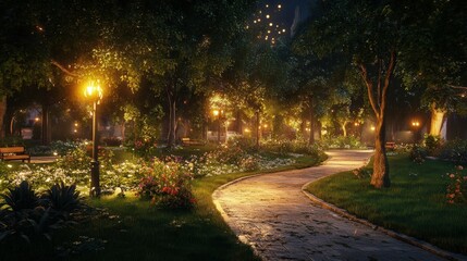 Obraz premium Peaceful nighttime garden path illuminated by soft lights