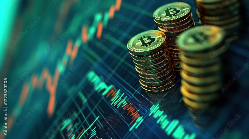 Poster bitcoin stacks on a cryptocurrency trading chart